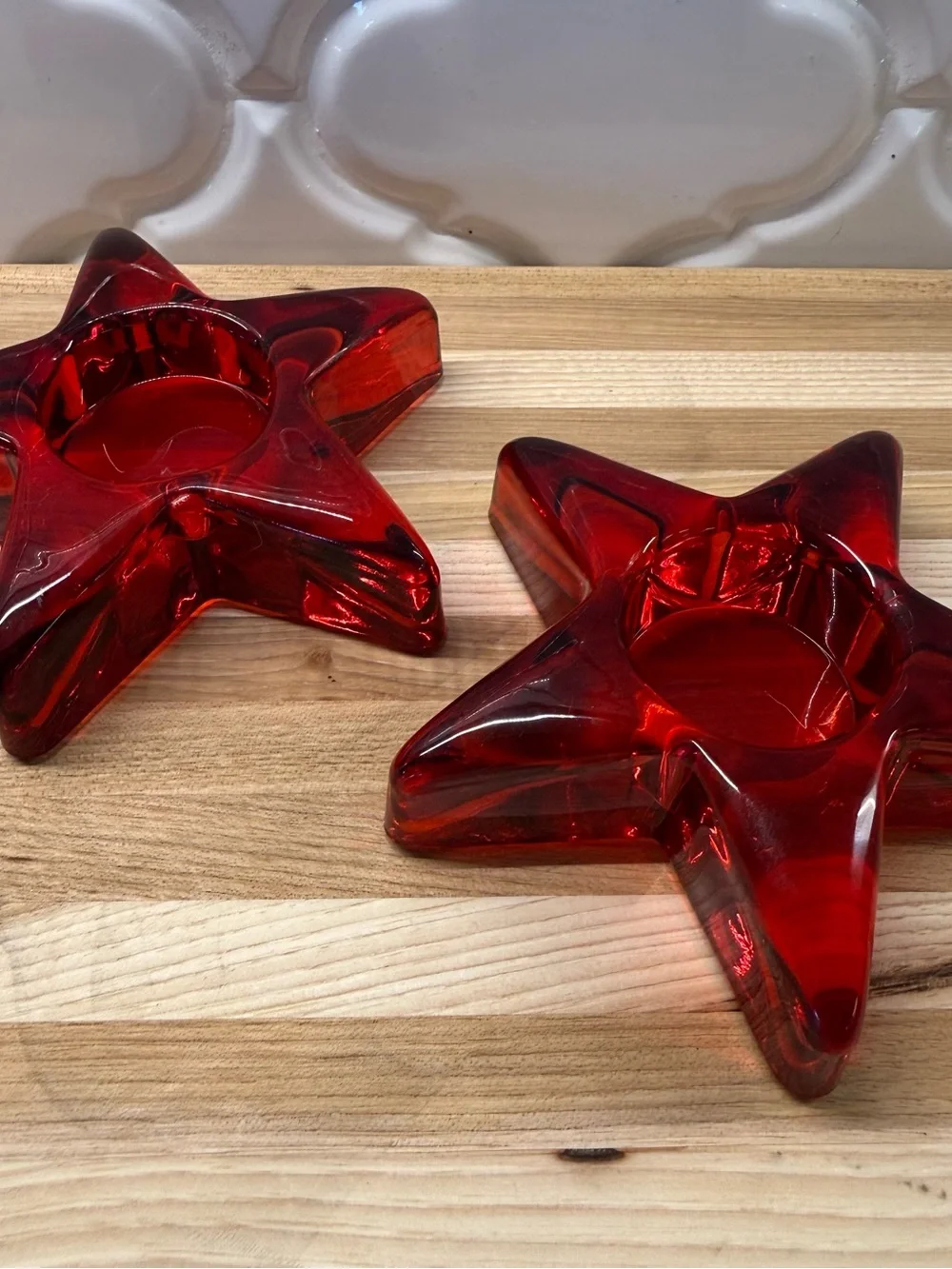 Vintage Ruby Red Glass Star Candle Holders Set of 2 Votive Tealight Mid Century